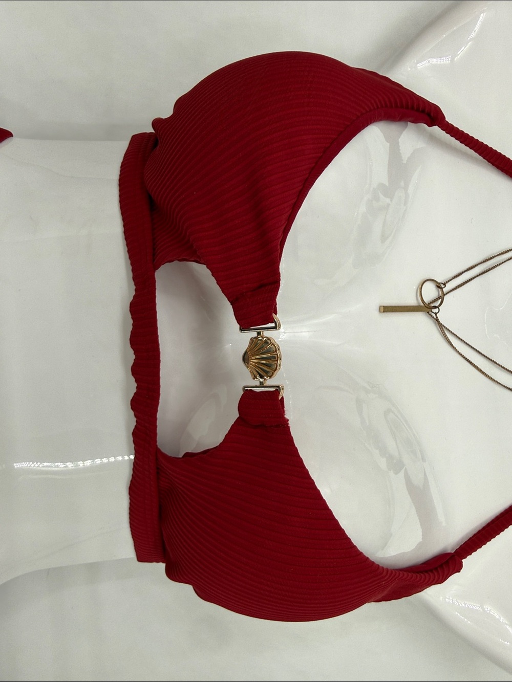 Red Ribbed Cutout Bikini Set - Picture 3 of 9
